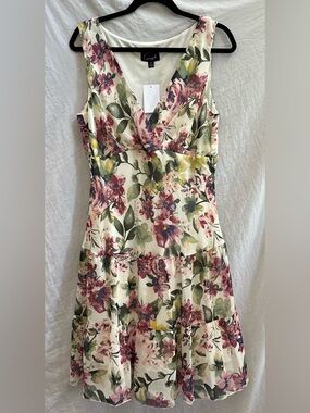 connected apparel Chiffon Floral V-Neck Midi Tier Dress in Cream, Pink and Green